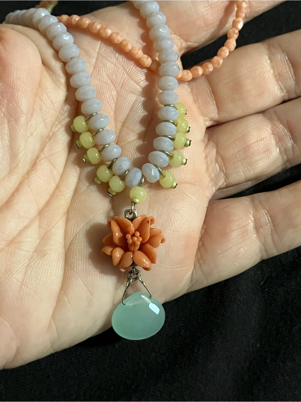 Double-Strand Coral Flower and Mint Pendant Necklace - Pastel Beads - Picture 5 of 8